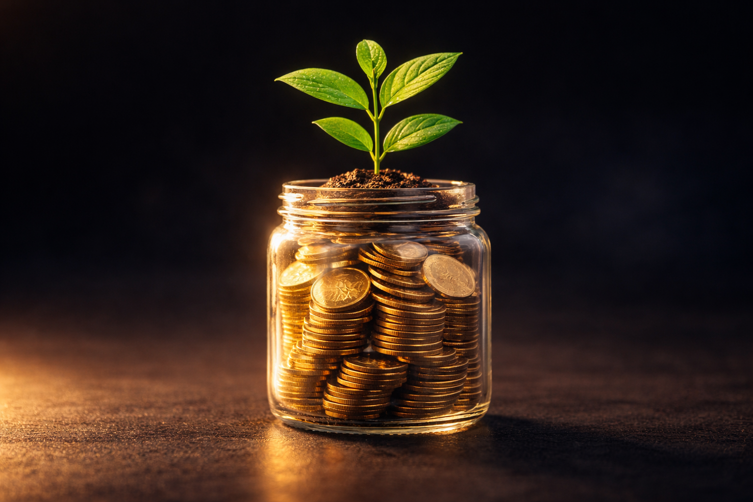 Sklenice s mincemi a rostoucí rostlinkou