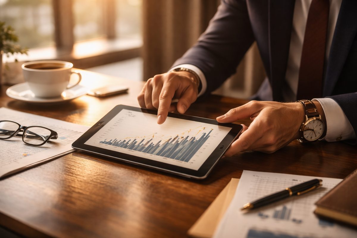 Podnikatel studující finanční data
