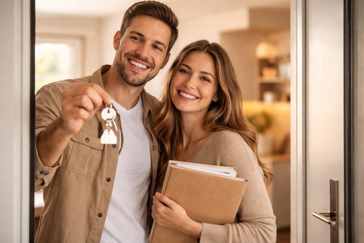 Pár přebírající klíče od nového bytu